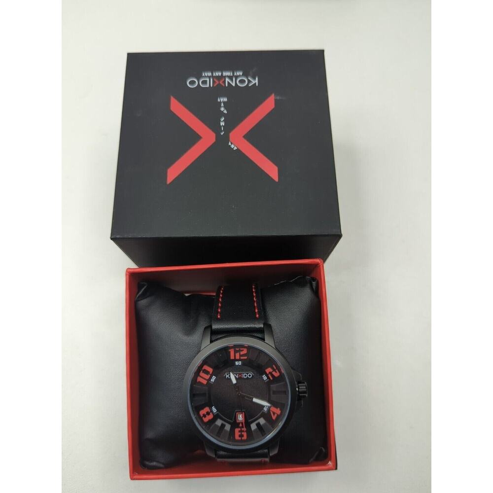 Konxido KO6353 Mens Quartz Watch Black Red Dial Leather Band New In Box